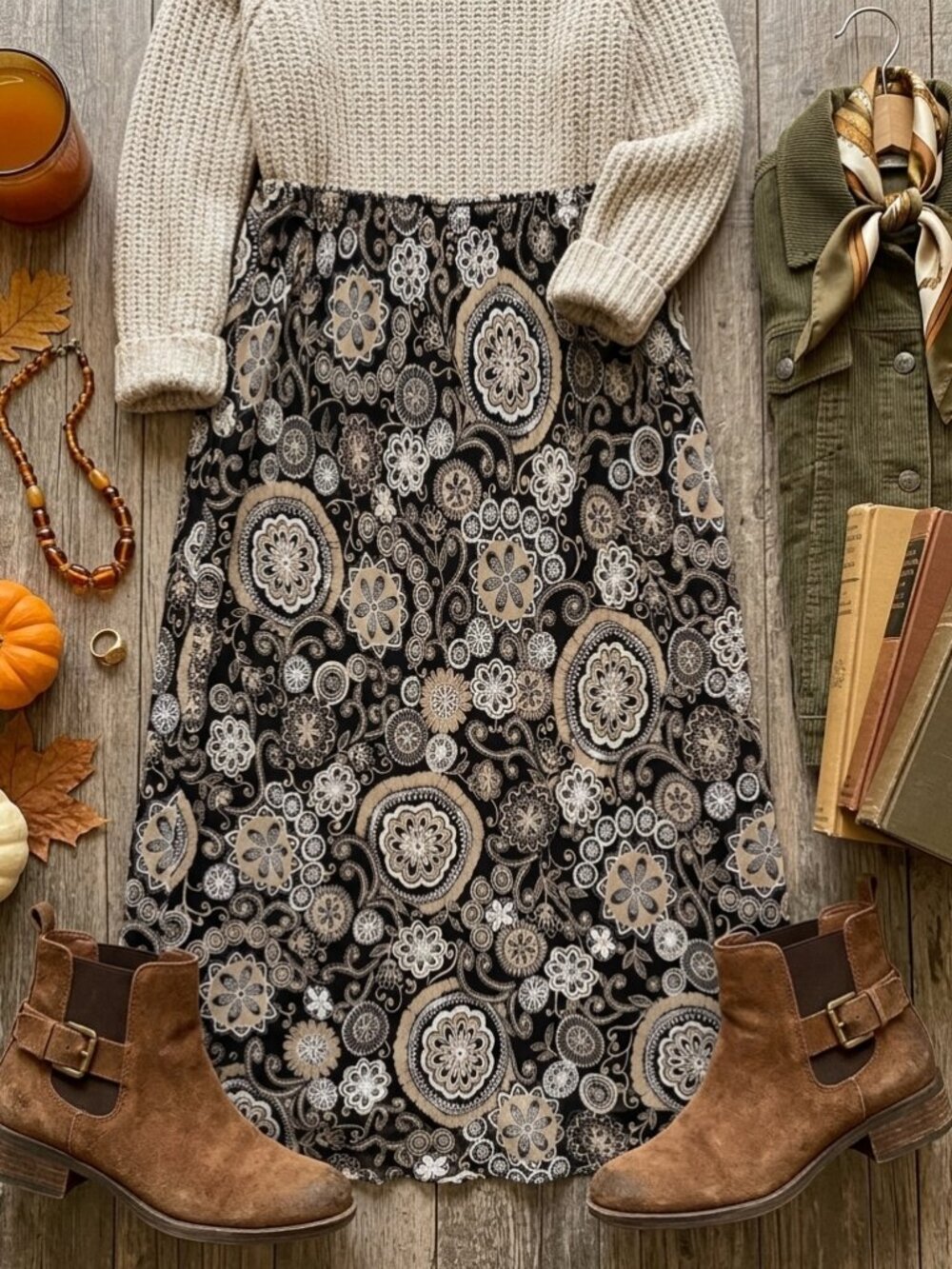 Coldwater Creek Sz 16 Midi Skirt Black Paisley Forest Fairy Dark Floral Y2k